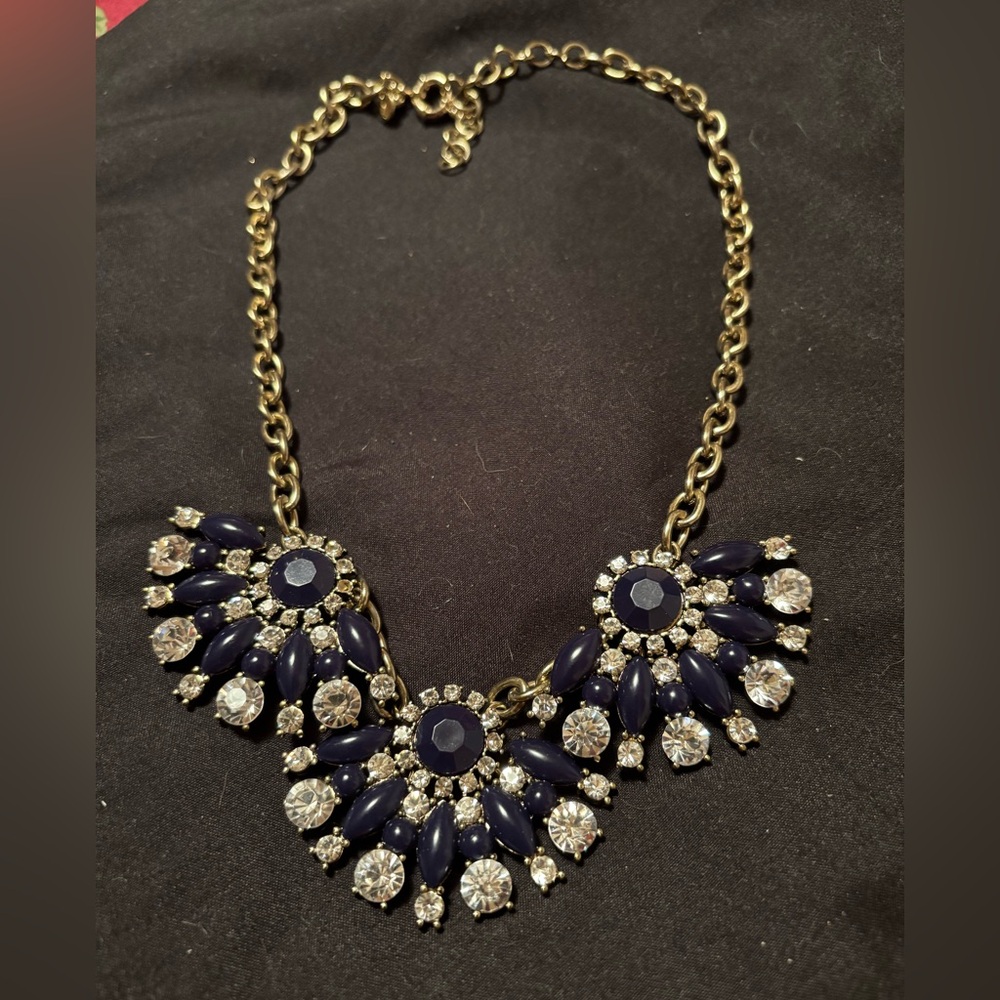 J. Crew Navy Blue and Gold Statement Necklace with Clear Crystals